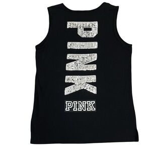 Pink Victoria's Secret Black Tank Top M Silver Sequin Spell Out On Back